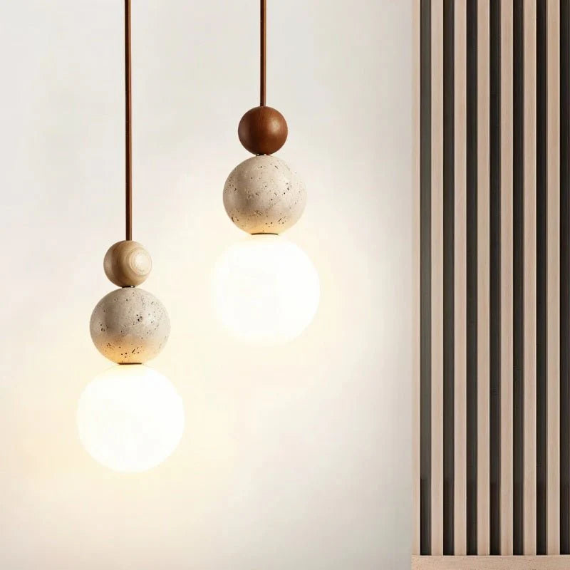 Rile Modern Spherical Travertine and Wood Pendant Light