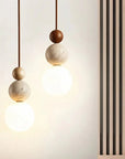 Rile Modern Spherical Travertine and Wood Pendant Light