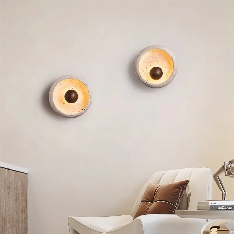Yalka Modern Organic Round Travertine Wood Wall Lamp 7.9 Inch