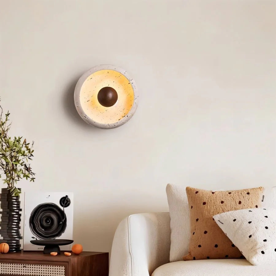 Yalka Modern Organic Round Travertine Wood Wall Lamp 7.9 Inch